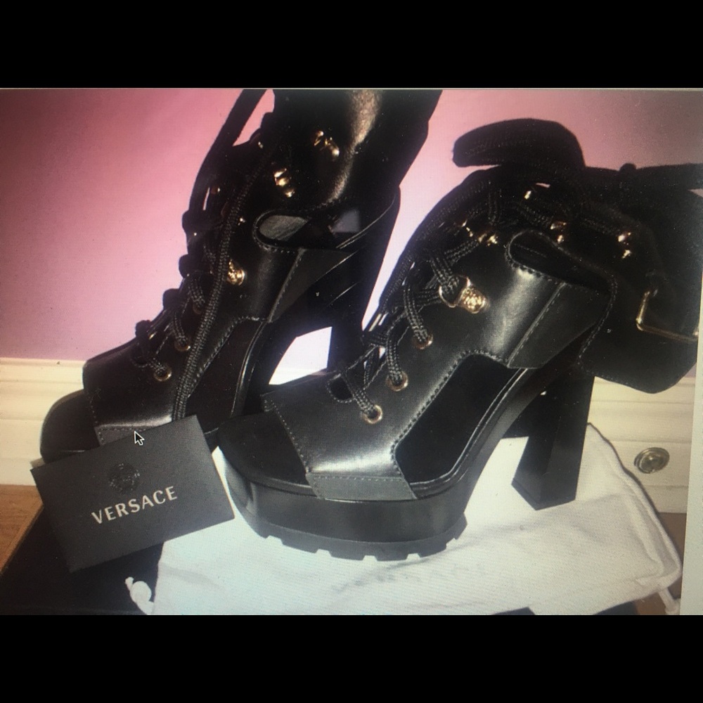 Versace platform heels with gold medusa heads